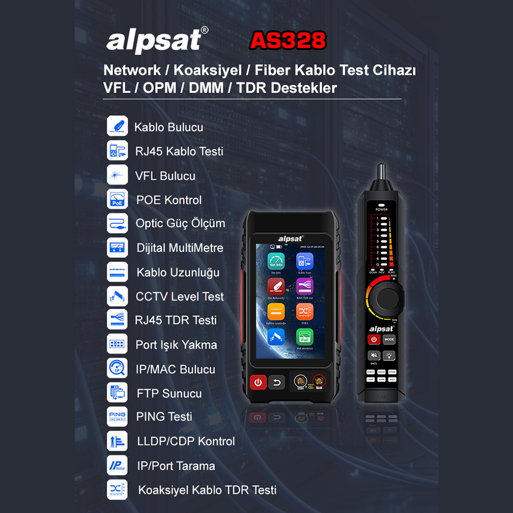 RJ45 AĞ KABLOSU, FİBER KABLO VE ZAYIF AKIM KABLO TEST CİHAZI AS 328