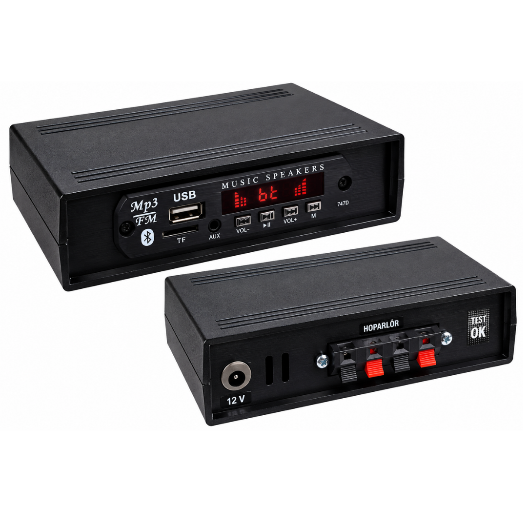 PAZARCI ANFİSİ 12V USB'Lİ BLUETOOTH LU  2x15WATT PLASTİK KASA